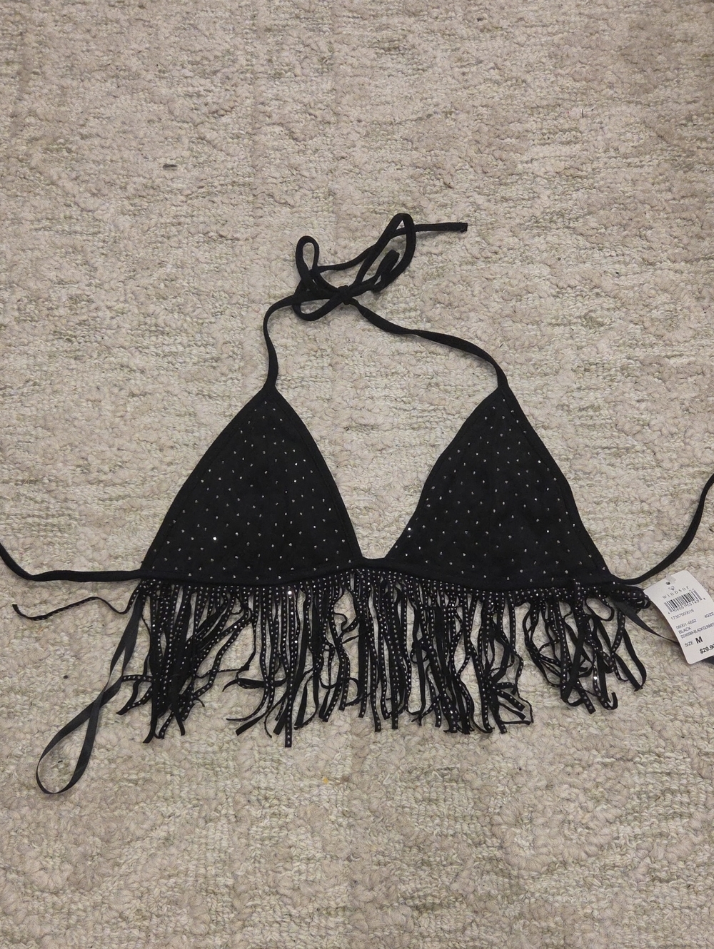 Black Fringe Triangle Top with Rhinestone Detail